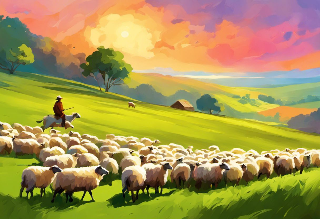 Art numérique vif illustrant un berger gardant des moutons.