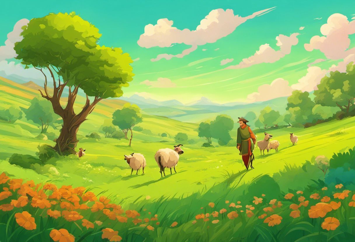 Image colorée d'un berger dans un champ verdoyant