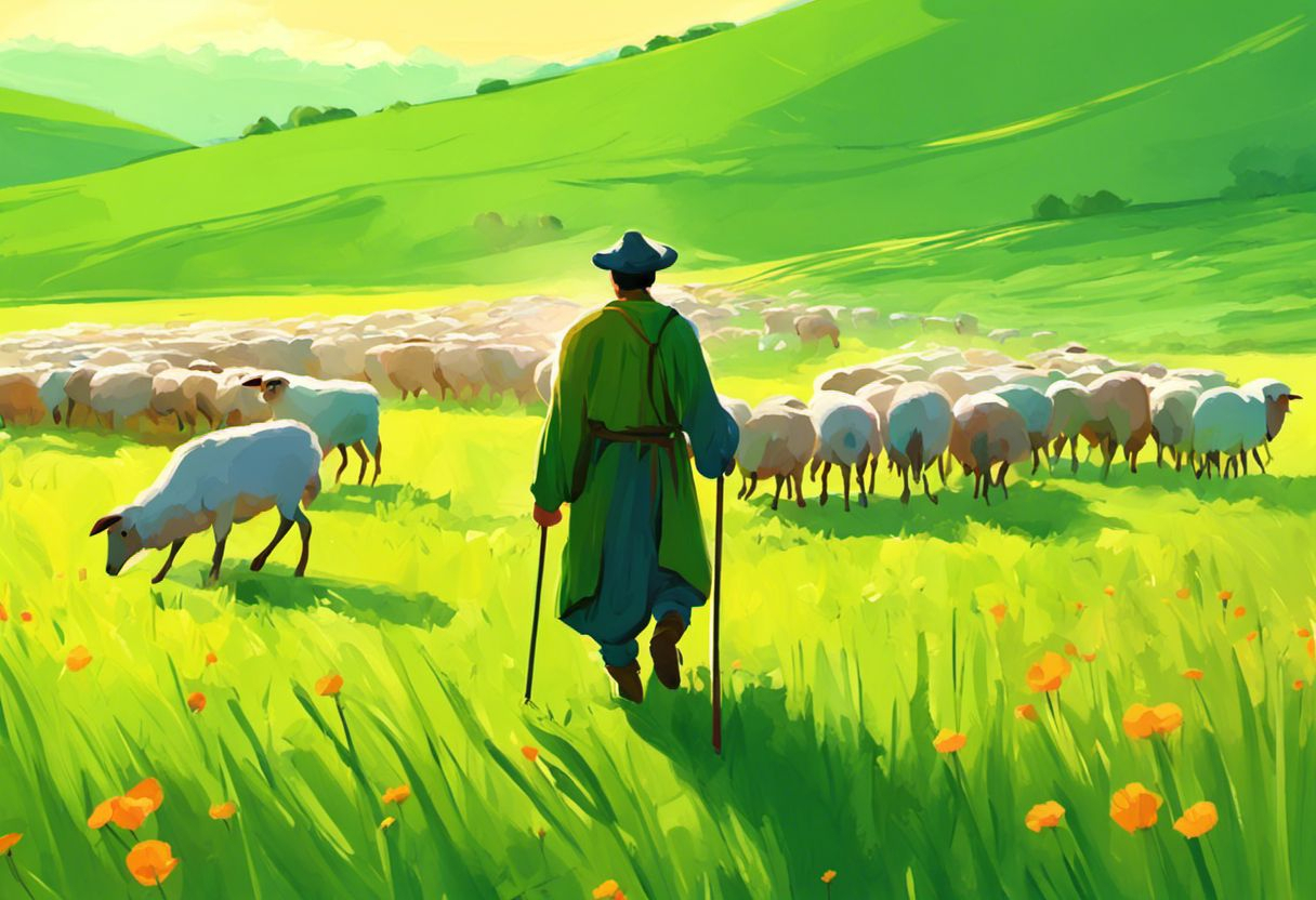 Image de berger conduisant son troupeau dans les champs verts.