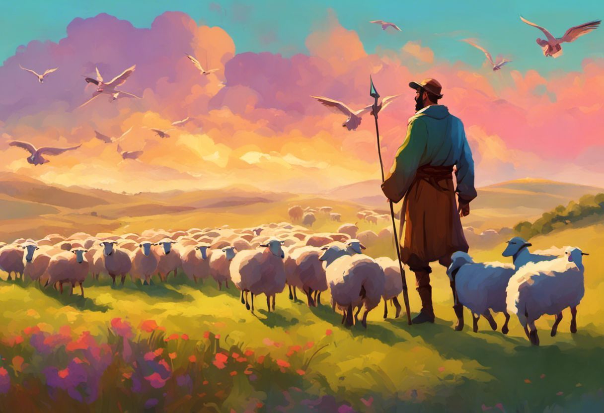 Peinture digitale éclatante d'un berger conduisant des moutons