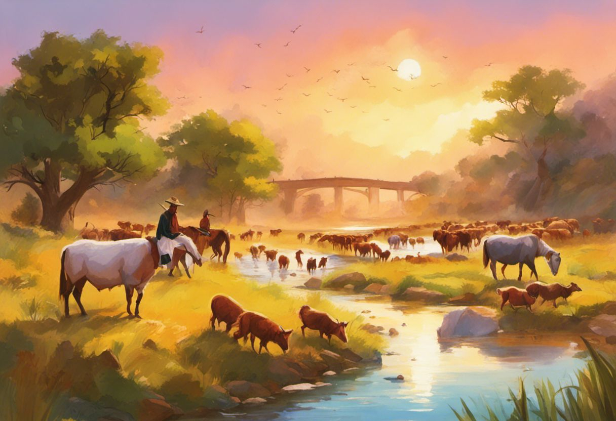 Berger guidant ses animaux dans un paysage coloré