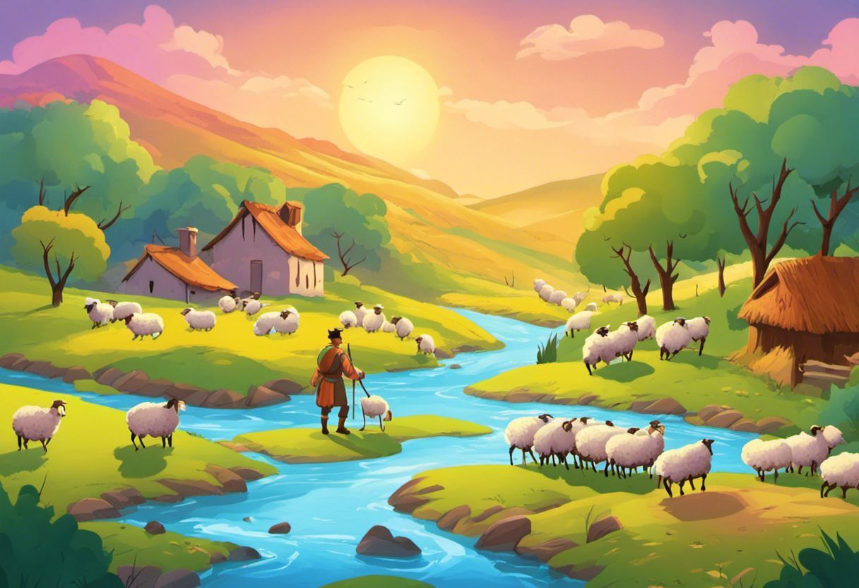 Berger montrant le chemin à ses moutons colorés