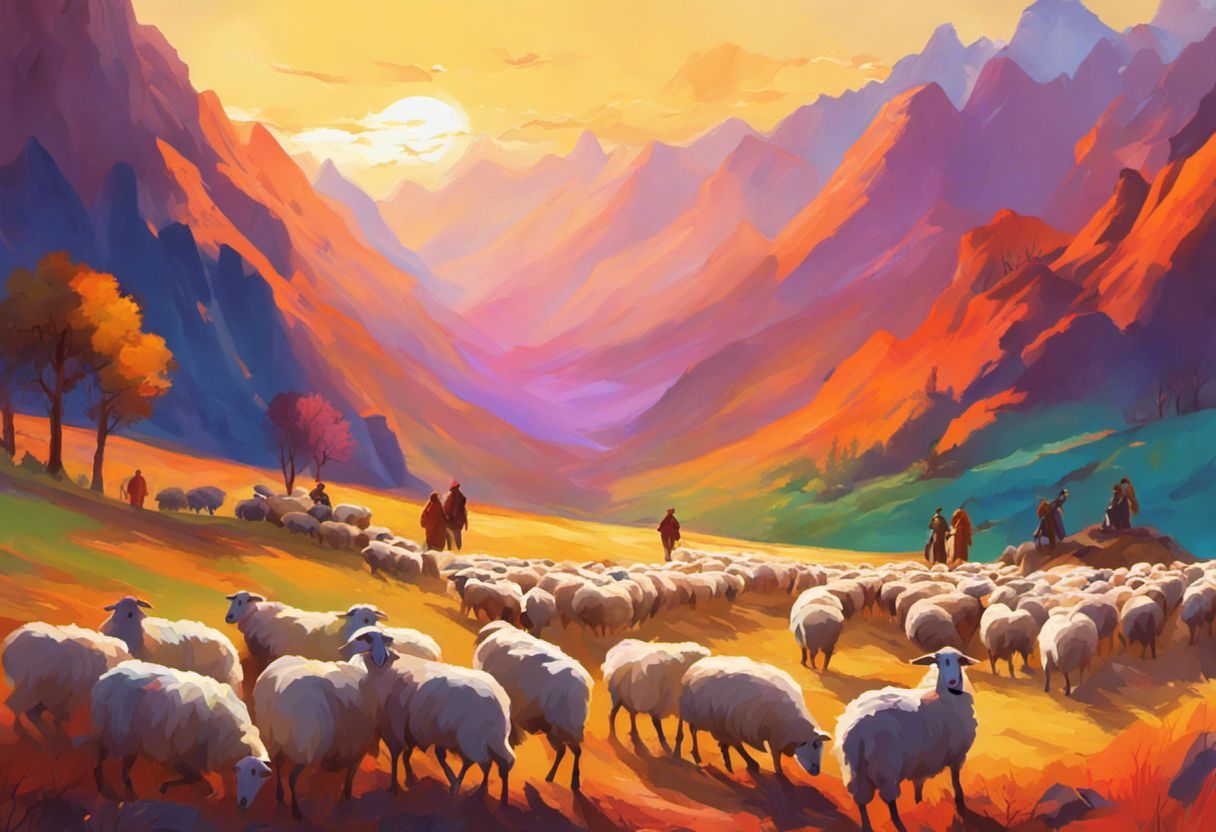 Bergers guidant un troupeau coloré dans les montagnes