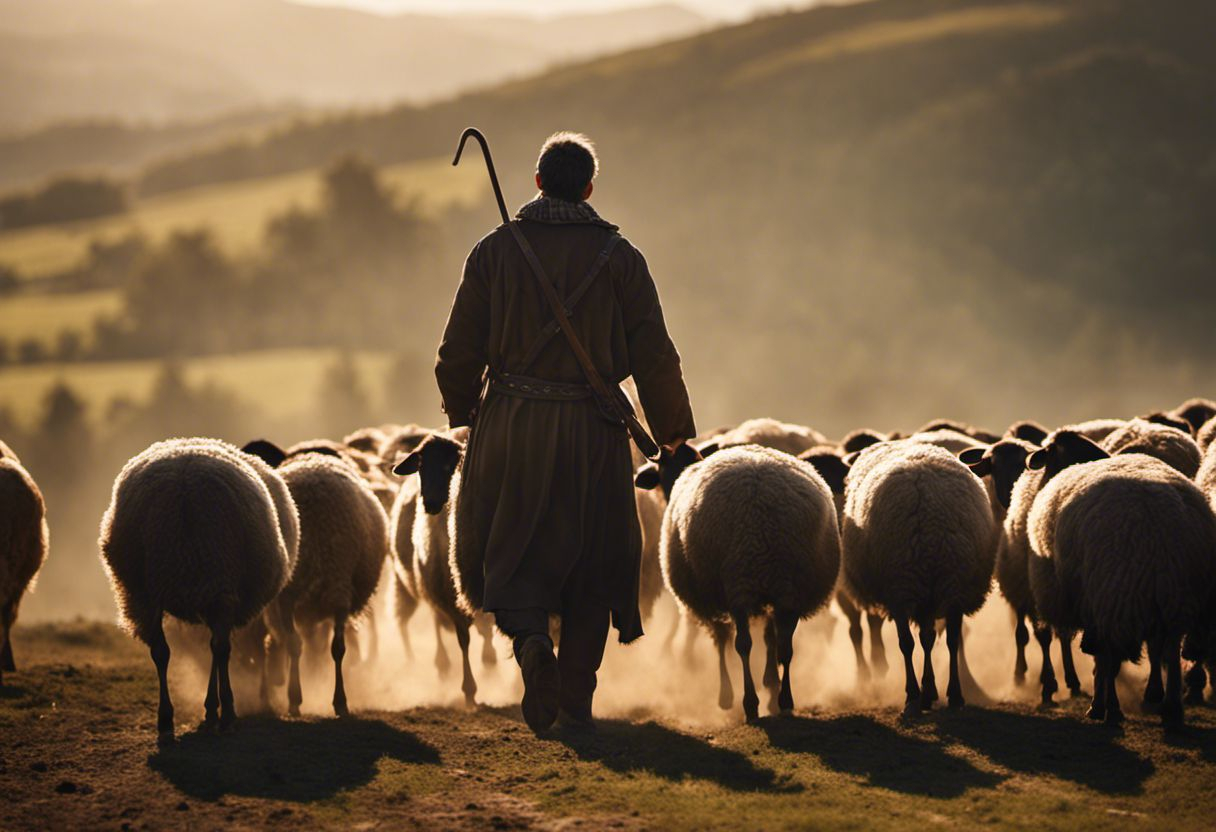 Image détaillée d'une scène pastorale avec des bergers et leur troupeau