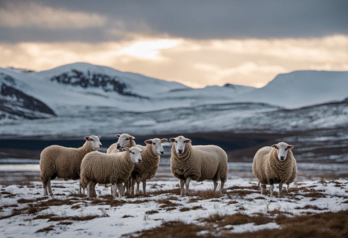 Moutons paissant dans un paysage arctique fondu.