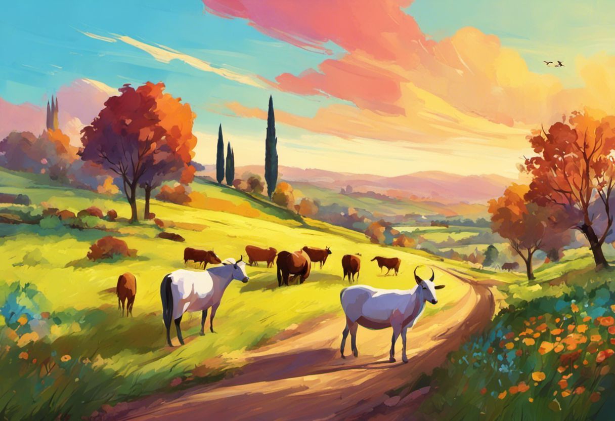 Paysage champêtre avec animaux dans une peinture numérique