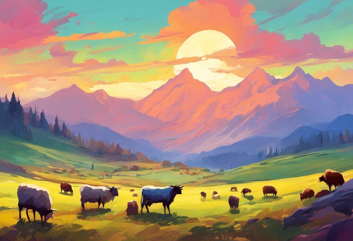 Bétail et bergers dans un paysage montagneux coloré