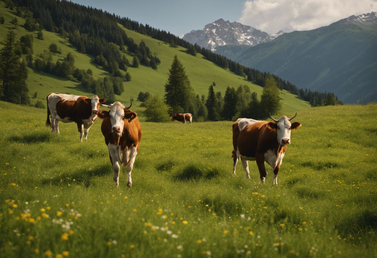 Vibrant mountain meadow with cows: highly detailed, professional
